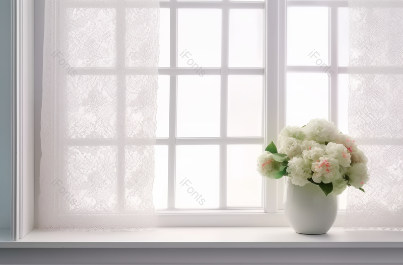 白色窗帘干净明亮窗台旁花瓶摄影实拍,高清,摄影图,摄影图片,图片大全,摄影图免费下载